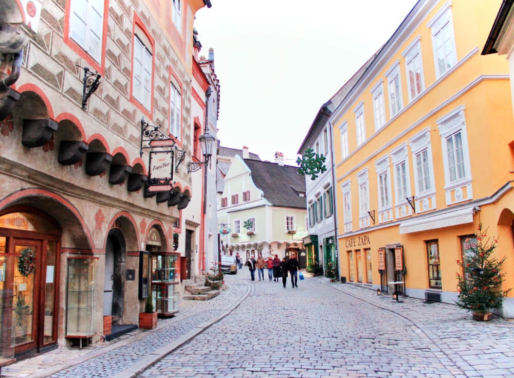 Exploring the Cobblestone Streets of Cesky Krumlov in the Czech Republic, Europe in the winter.
