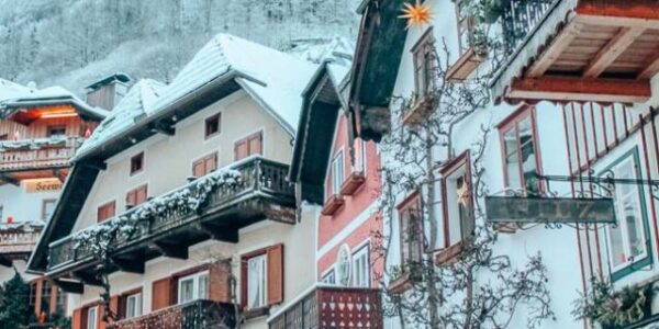The Marketplatz in the center of Hallstatt, Austria in the winter.