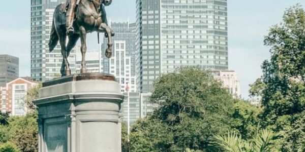A bronze statue of George Washington in the Boston Common.