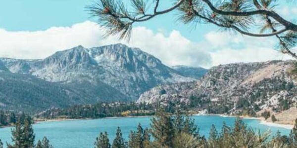 June Lake and Carson Peak through the pine trees in June Lake, California in the eastern Sierra Nevada mountains.