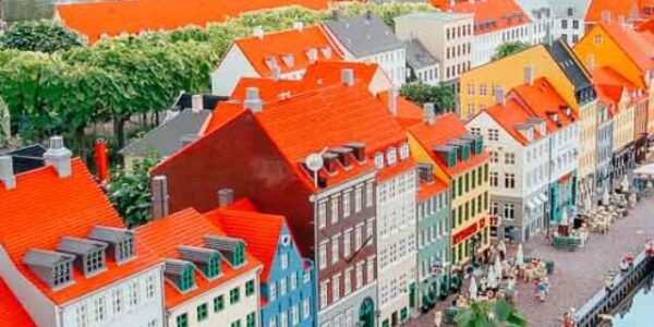 Aerial view of the busy city streets during the daytime in Aarhus, Denmark.