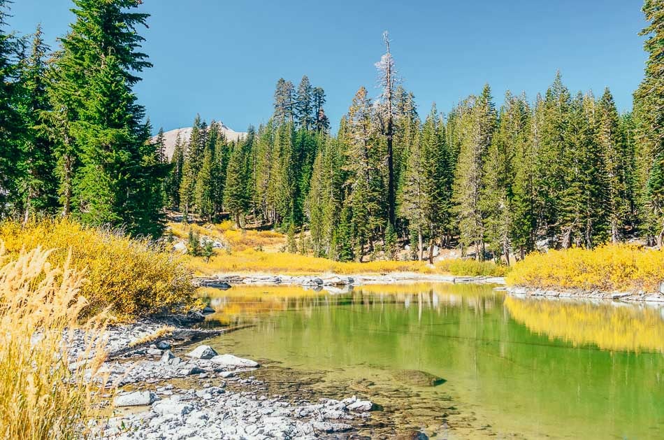 Cliff Lake on an autumn day with trees in the background at Lassen National Park, CA