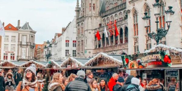 Christmas Market stalls in the Market Square in Bruges, Belgium in winter