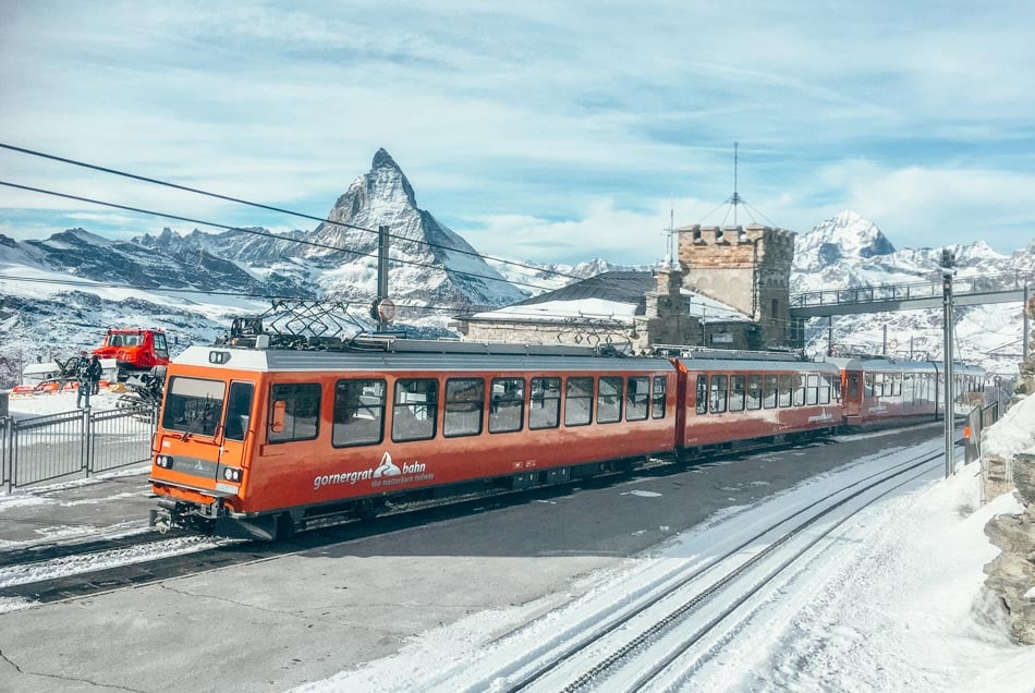 train at the gornergrat station with matterhorn in background zermatt switzerland